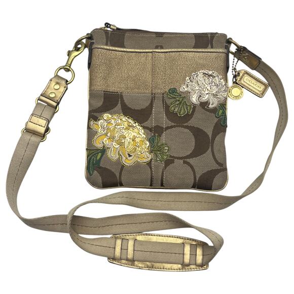 Coach Signature Canvas Monogram Embroidered Floral Sling Crossbody Bag Tan Gold - Picture 1 of 8